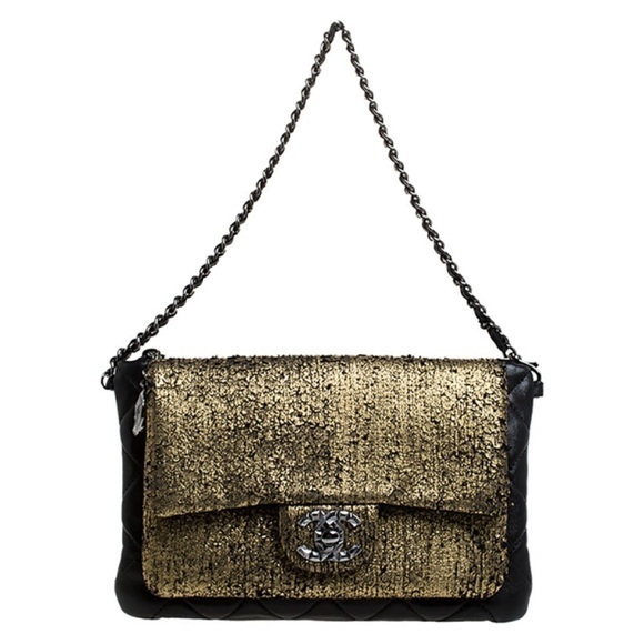 AUTHENTIC CHANEL Mineral Nights Clutch Gold Black Lambskin Wristlet Circa 2012 - Picture 1 of 15